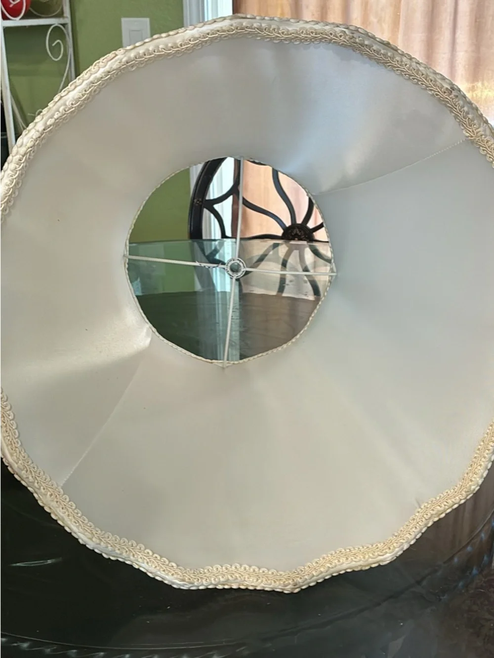 Vintage white scalloped bell lamp shade with braid trim